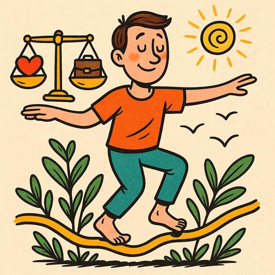 Ilustración simbólica de un hombre caminando sobre una línea ondulada mientras sostiene una balanza con un corazón y un maletín. Representa la armonía entre vida personal y profesional inspirada en el concepto de drop cero.