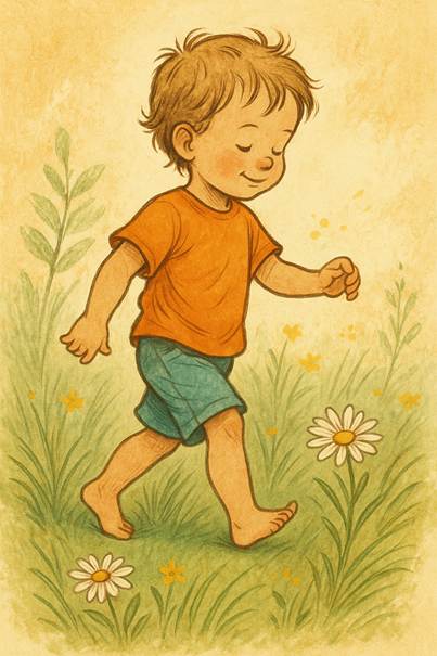 Ilustración cálida de un niño caminando descalzo entre hierba y flores, explorando su entorno con confianza y curiosidad. Representa el valor del movimiento libre en la infancia.