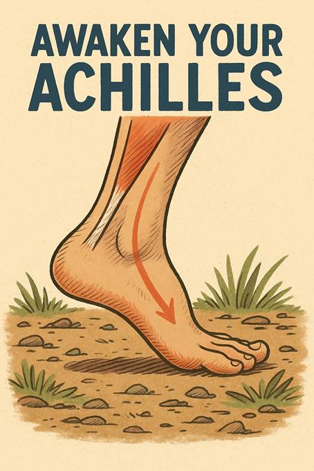 Ilustración anatómica de un pie descalzo en movimiento, con énfasis en el tendón de Aquiles. Simboliza la activación progresiva del cuerpo a través del barefoot.