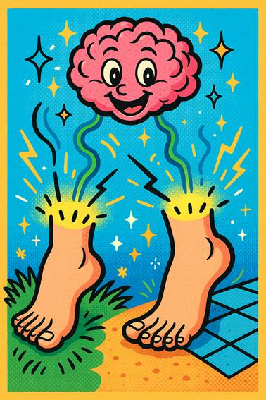 Dibujo animado de dos pies actuando como antenas que envían señales al cerebro, representando la propiocepción y la conexión sensorial entre pies y mente. Estilo retro colorido