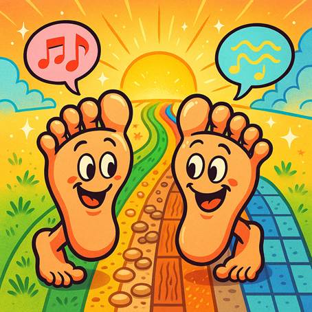 Dos pies felices caminando por un sendero multicolor hecho de distintas texturas naturales, comunicándose con notas musicales. Ilustración estilo cómic que simboliza la conexión cuerpo-entorno.