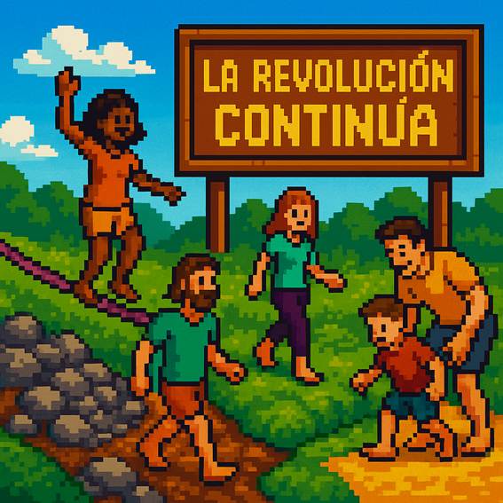 Grupo diverso de personas descalzas caminando y explorando terrenos naturales con cartel pixelado que dice "La Revolución Continúa", estilo videojuego retro.