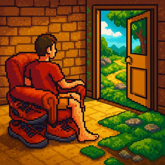 Hombre descalzo en sala estilo pixel art sentado sobre sillón hecho de zapatillas barefoot, mirando hacia un camino natural que emerge tras una puerta abierta.