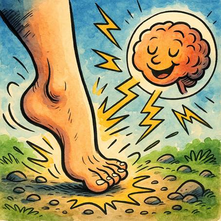 Pie descalzo tocando el suelo mientras ondas de energía lo conectan con un cerebro sonriente, ilustración en acuarela que representa la conexión sensorial entre pie y mente en el barefoot.