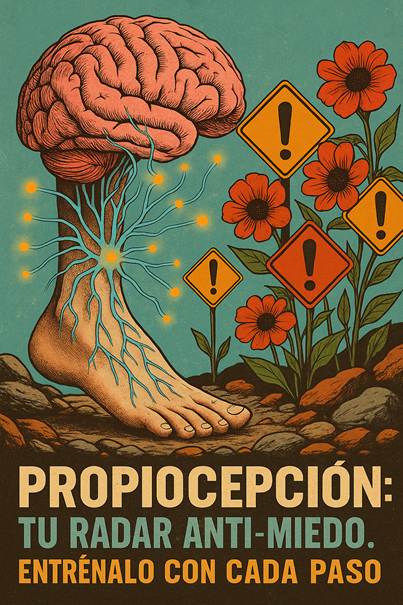 "Ilustración surrealista de un pie conectado a un cerebro a través de redes neuronales, destacando la propiocepción como vínculo entre el cuerpo y la mente al caminar barefoot."