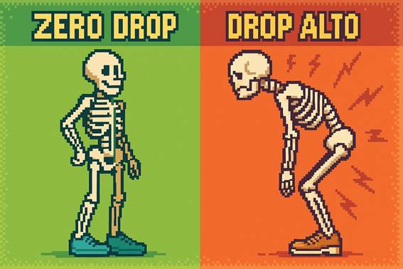 Comparativa en pixel art entre un esqueleto con calzado barefoot zero drop, alineado y relajado, y otro con drop alto, encorvado y con tensión en rodillas, caderas y espalda. Ilustración educativa sobre los efectos del drop en la postura.
