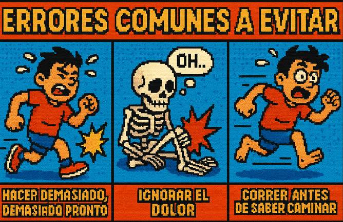 Cómic en pixel art que muestra tres errores comunes al iniciarse en barefoot: correr demasiado pronto, ignorar el dolor, y correr antes de dominar la caminata. Ilustración educativa en estilo retro para prevenir lesiones al usar calzado minimalista.