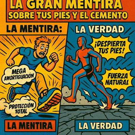 Ilustración en estilo pop art dividida en dos paneles. A la izquierda, un personaje con zapatillas acolchadas representa “La Mentira” de la mega amortiguación. A la derecha, una figura descalza corre con fuerza y estabilidad sobre cemento roto, bajo los lemas “¡Despierta tus pies!” y “Fuerza natural”. Contraste visual entre dependencia del calzado moderno y el poder del barefoot.