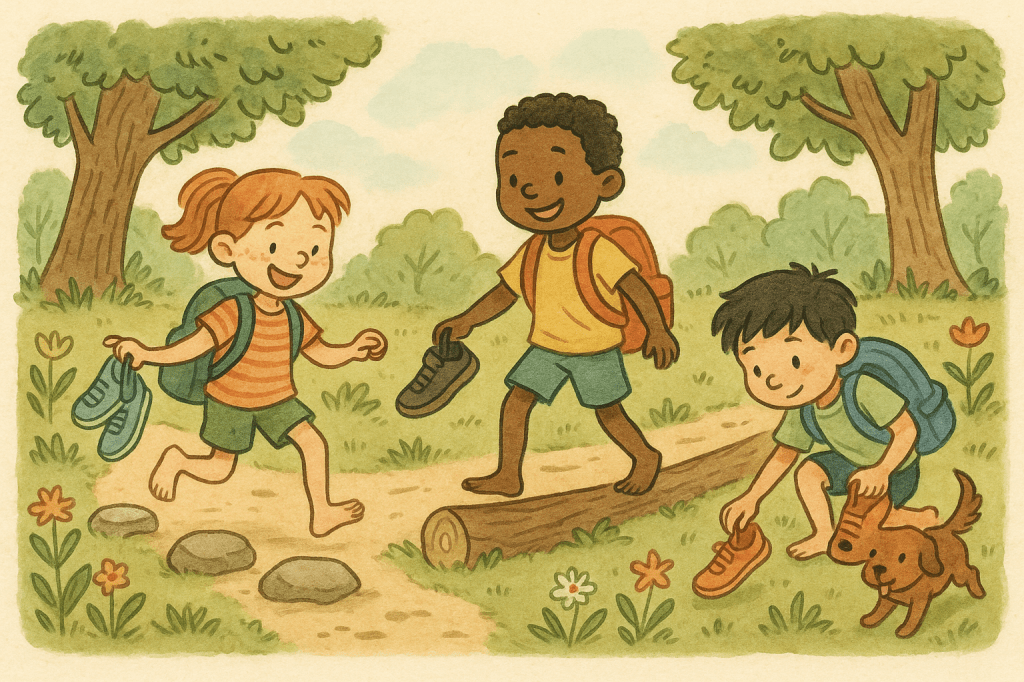 Niños caminando descalzos con mochilas y calzado barefoot en la mano por un parque natural, escena estilo dibujo infantil.