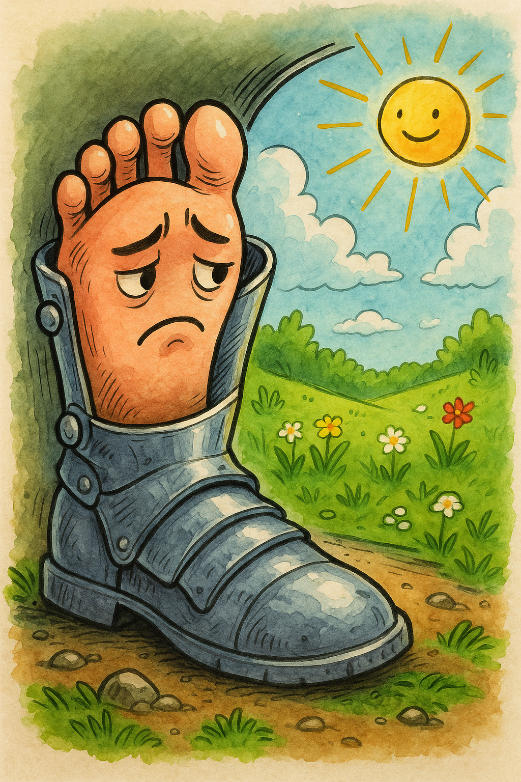 Ilustración en acuarela de un pie triste atrapado en una armadura metálica, mirando hacia una pradera soleada llena de flores, simbolizando la limitación del calzado convencional.