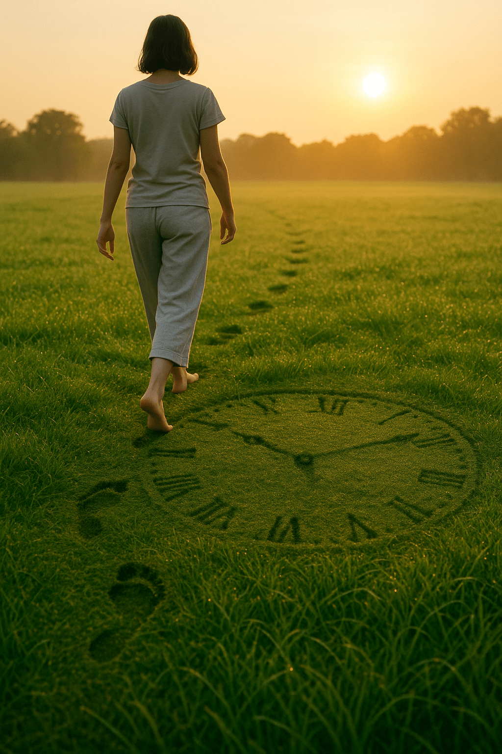 persona barefoot caminando sobre césped al amanecer con huellas que forman un reloj desvaneciéndose, simbolizando ralentizar el tiempo