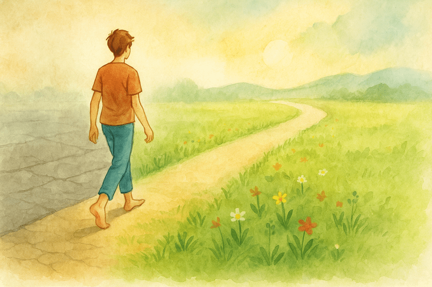 ilustración barefoot de persona caminando de asfalto a hierba en un paisaje de acuarela, simbolizando creatividad y transformación