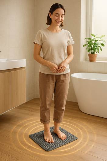 persona barefoot sobre alfombrilla de masaje en baño minimalista con ondas de luz simbolizando calma y desacelerar la vida