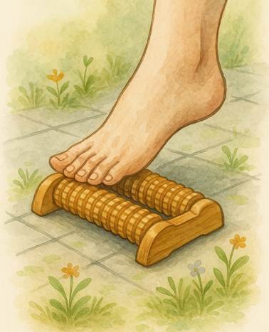 ilustración en acuarela de pie barefoot sobre masajeador de madera con rodillos, simbolizando relajación y conexión natural