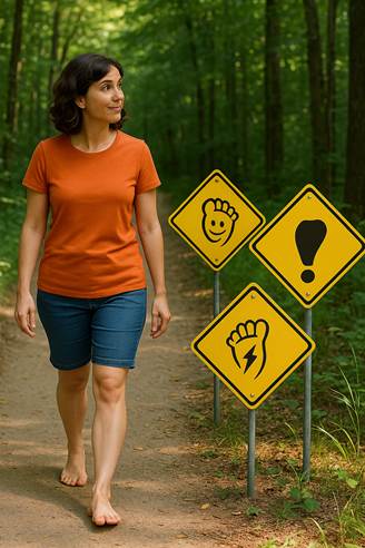 mujer caminando barefoot en un bosque frente a señales divertidas con símbolos de pie, interrogación y rayo representando valentía y curiosidad
