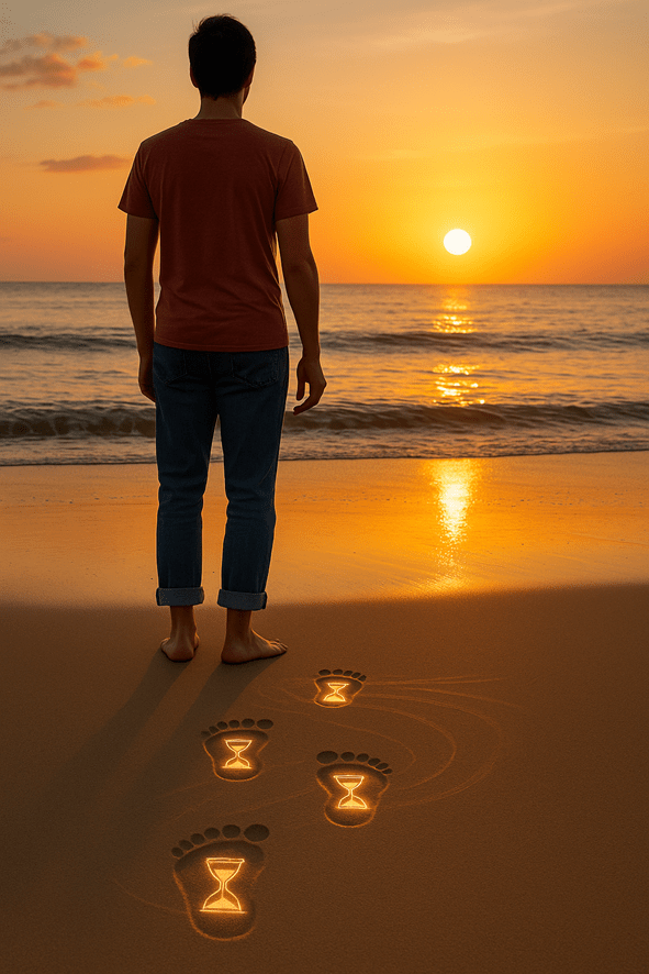 persona barefoot en la playa al atardecer dejando huellas en forma de relojes de arena en la arena, simbolizando ralentizar el tiempo y vivir el presente