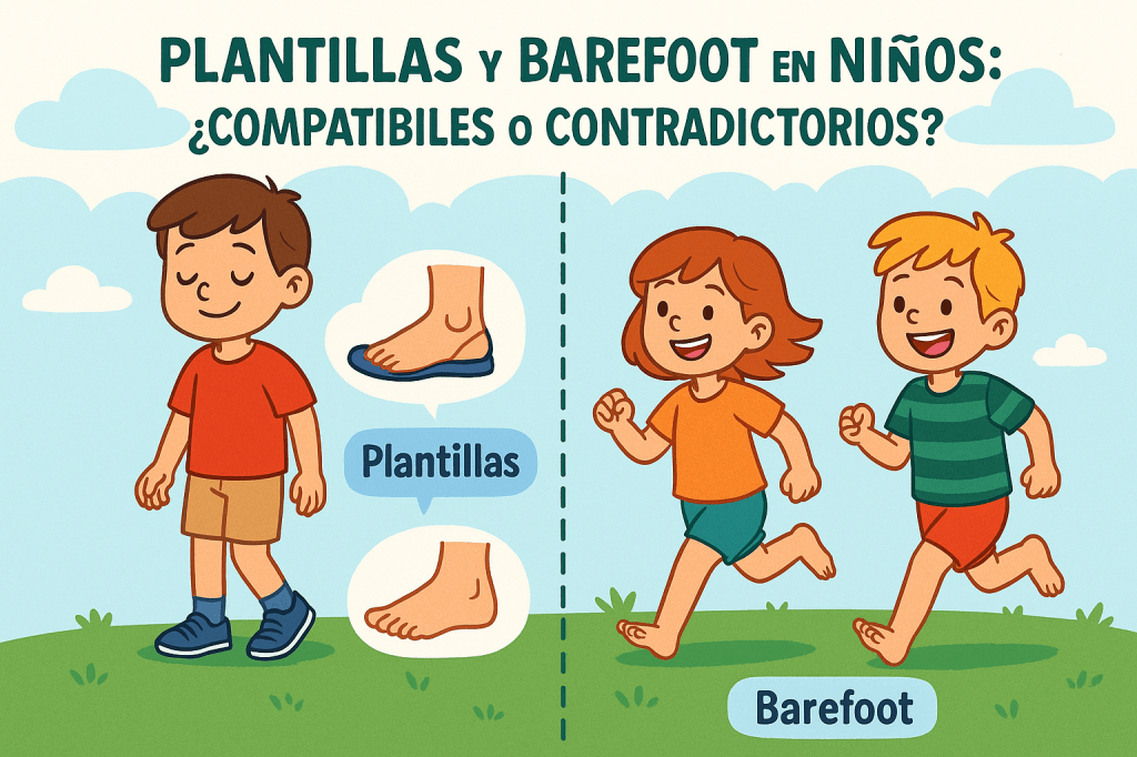 Dibujo de estilo de cómic que compara a un niño con zapatos y plantillas con dos niños que corren descalzos sobre la hierba