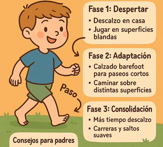 Infografía ilustrativa mostrando las tres fases de transición al calzado barefoot para niños: Fase 1 - Despertar (descalzo en casa y jugar en superficies blandas), Fase 2 - Adaptación (calzado barefoot para paseos cortos y caminar sobre distintas superficies), y Fase 3 - Consolidación (más tiempo descalzo y carreras y saltos suaves). La imagen muestra a un niño sonriente caminando descalzo con consejos para padres.