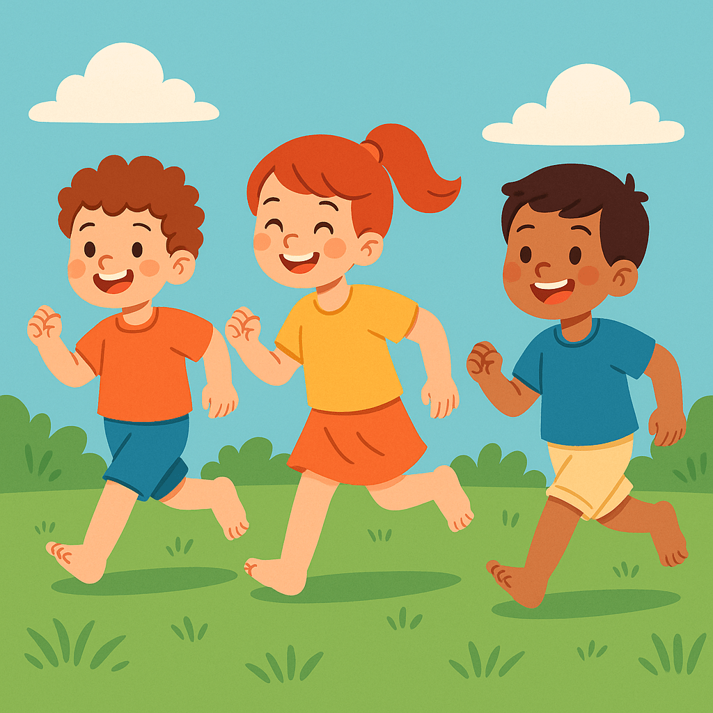 Tres niños sonrientes corriendo descalzos sobre césped verde bajo un cielo azul, ilustración divertida sobre barefoot para niños.