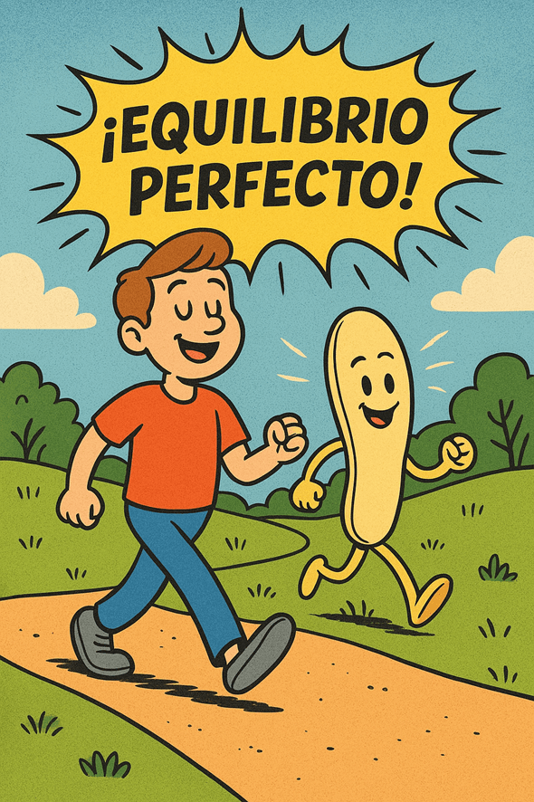 Una ilustración en estilo de cómic. Se ve a un hombre sonriente, vestido con una camiseta naranja y pantalones azules, caminando en un sendero. A su lado, corre una plantilla de pie de color crema con una cara feliz y extremidades. Ambos parecen disfrutar de su paseo en un entorno de campo con árboles, césped y cielo azul con nubes. Sobre ellos, un bocadillo de diálogo amarillo con borde dentado dice "¡EQUILIBRIO PERFECTO!" en letras marrones. El diseño presenta una textura retro de semitono.