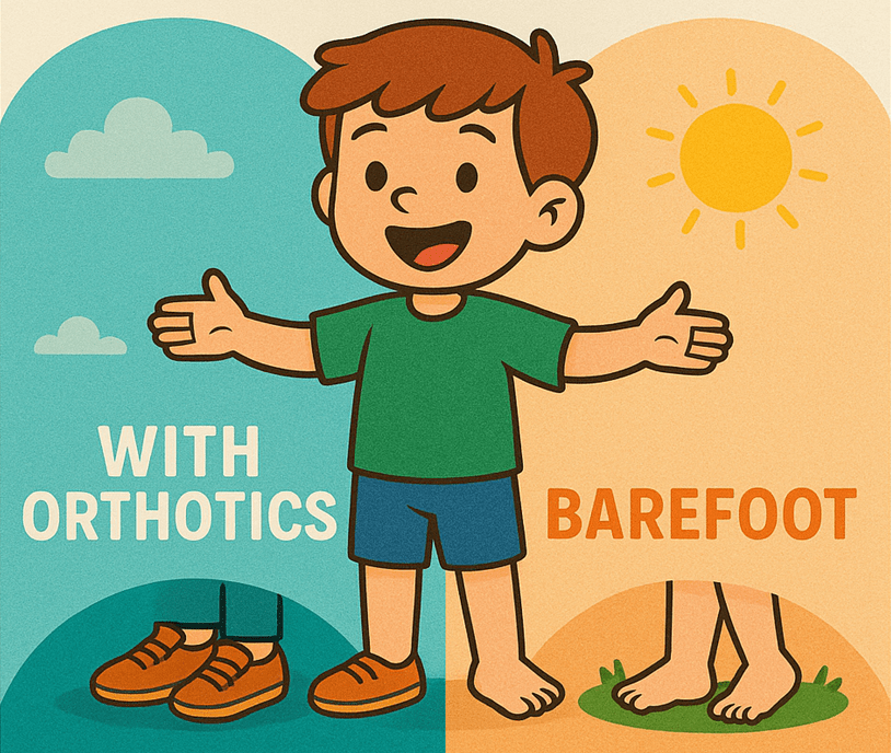 Ilustración de un niño sonriente que muestra el uso combinado de barefoot y plantillas, con la mitad del cartel dedicada a “con plantillas” y la otra mitad a “barefoot”, destacando su compatibilidad en la infancia.