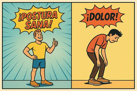 Una ilustración en estilo de cómic, dividida en dos paneles verticales. En el panel izquierdo, con fondo azul claro y rayos, un hombre sonriente de pie, vestido con una camiseta amarilla y pantalones cortos azules, levanta el pulgar. Sobre él, un bocadillo de diálogo dice "¡POSTURA SANA!". En el panel derecho, con un fondo amarillo pálido, un hombre encorvado, con las manos en las rodillas y el rostro triste, parece sufrir. Sobre él, un bocadillo de diálogo dice "¡DOLOR!". Ambos paneles están diseñados con una textura retro de semitono.