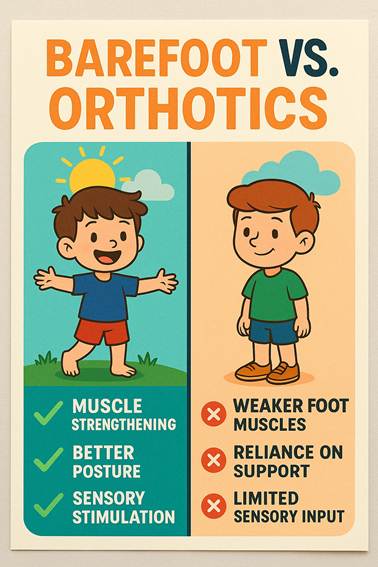 Infografía ilustrada que compara barefoot y plantillas en niños: beneficios del barefoot como fortalecimiento muscular, mejor postura y estimulación sensorial frente a desventajas de las plantillas como músculos más débiles y dependencia de soporte.