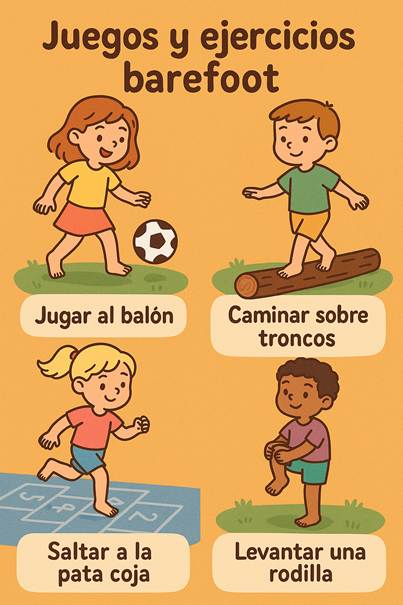 Ilustración divertida con cuatro juegos barefoot para niños: jugar al balón descalzos, caminar sobre troncos, saltar a la pata coja y levantar una rodilla, presentados como actividades lúdicas para fortalecer los pies.