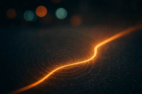 Línea luminosa naranja abstracta sobre asfalto oscuro con destellos circulares y luces bokeh urbanas en el fondo, simbolizando resiliencia y movimiento en un entorno urbano
