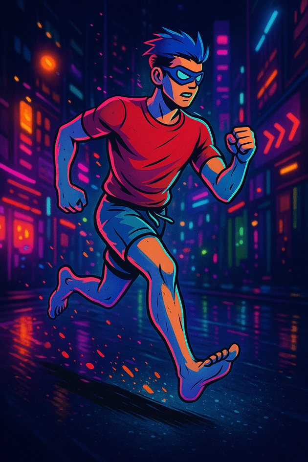 Ilustración futurista de corredor descalzo estilo cyberpunk en ciudad con luces de neón, reflejando barefooting urbano, energía y estilo gamer