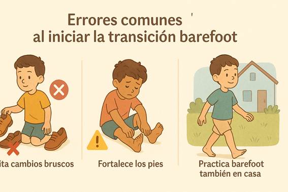 Transición al barefoot en niños, ilustración educativa sobre errores comunes y pasos correctos