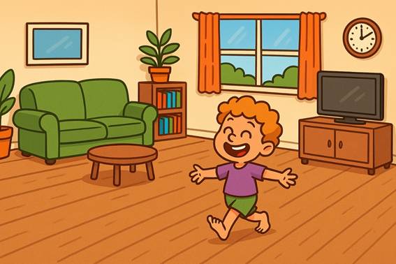 Ilustración tipo cómic con tres mini escenas: un padre esquivando montañas de juguetes, el mismo espacio despejado con su hijo moviéndose libremente, y la familia jugando descalza en el suelo, representando cómo un hogar minimalista favorece el juego libre y el movimiento.