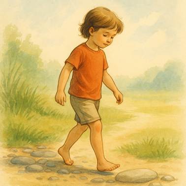 Niño pequeño camina descalzo por un sendero natural de tierra y piedras, concentrado y sereno, simbolizando la conexión entre el movimiento libre, la estimulación sensorial y el desarrollo cerebral infantil.