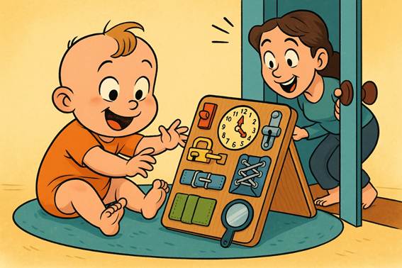 Ilustración colorida estilo cómic que muestra a una familia descalza corriendo y jugando al aire libre con pocos objetos simples, bajo el sol, acompañados por su perro, representando la alegría, libertad y conexión del movimiento natural en familia.