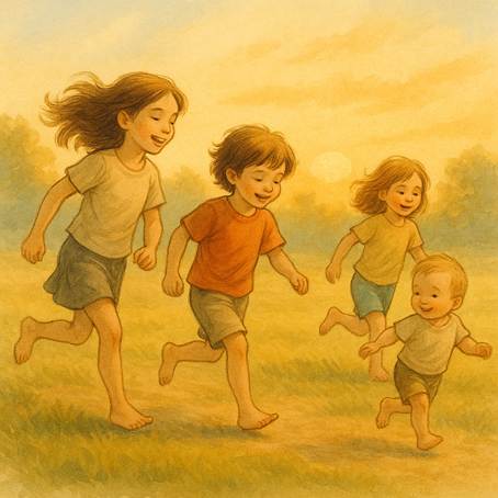Cuatro niños corren descalzos y sonrientes sobre un prado al atardecer, iluminados por la luz dorada, representando la alegría, la libertad y la confianza corporal del movimiento natural en la infancia.
