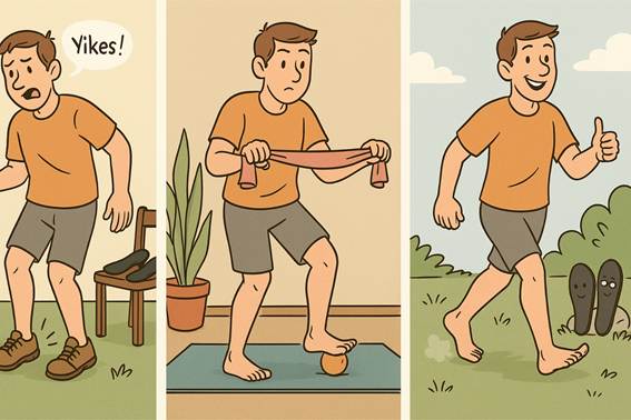 Ilustración cómica horizontal en tres viñetas que muestra la progresión de una persona durante la transición barefoot: en la primera camina torpemente, en la segunda realiza ejercicios de equilibrio, y en la tercera camina con naturalidad descalza. Transmite humor y aprendizaje corporal.