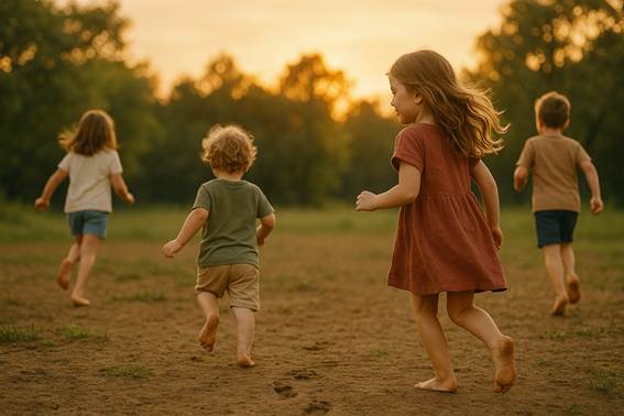 Grupo de cuatro niños corriendo descalzos sobre tierra blanda al atardecer, con el sol dorado de fondo y huellas en el suelo, transmitiendo alegría, libertad y conexión con la naturaleza.