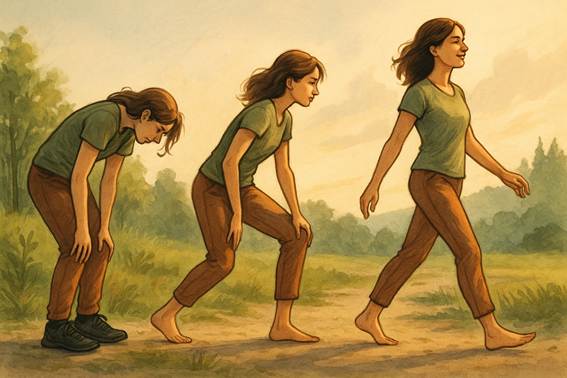 Ilustración semirrealista que muestra una secuencia de tres siluetas superpuestas de una persona: primero encorvada con calzado tradicional, luego descalza estirando suavemente, y finalmente caminando erguida y relajada. Representa la evolución corporal y postural durante la transición barefoot.