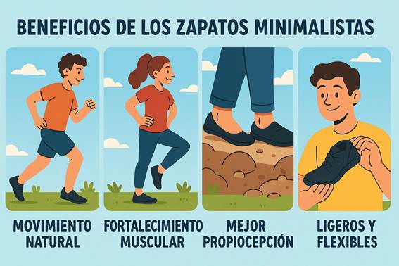 Ilustración poética horizontal que muestra a una persona caminando descalza al atardecer, con postura relajada y cuerpo alineado. En primer plano, un par de zapatillas barefoot SAGUARO descansan junto al sendero, simbolizando el equilibrio entre soporte y libertad.