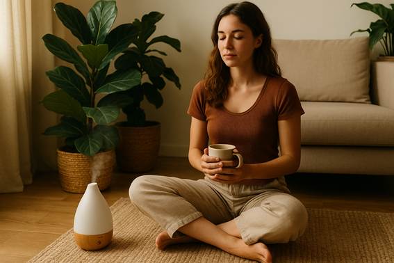 Espacio de bienestar interior con humidificador Ultrasónico, plantas naturales y persona descalza meditando, creando un ambiente de grounding sensorial y conexión con la tierra.