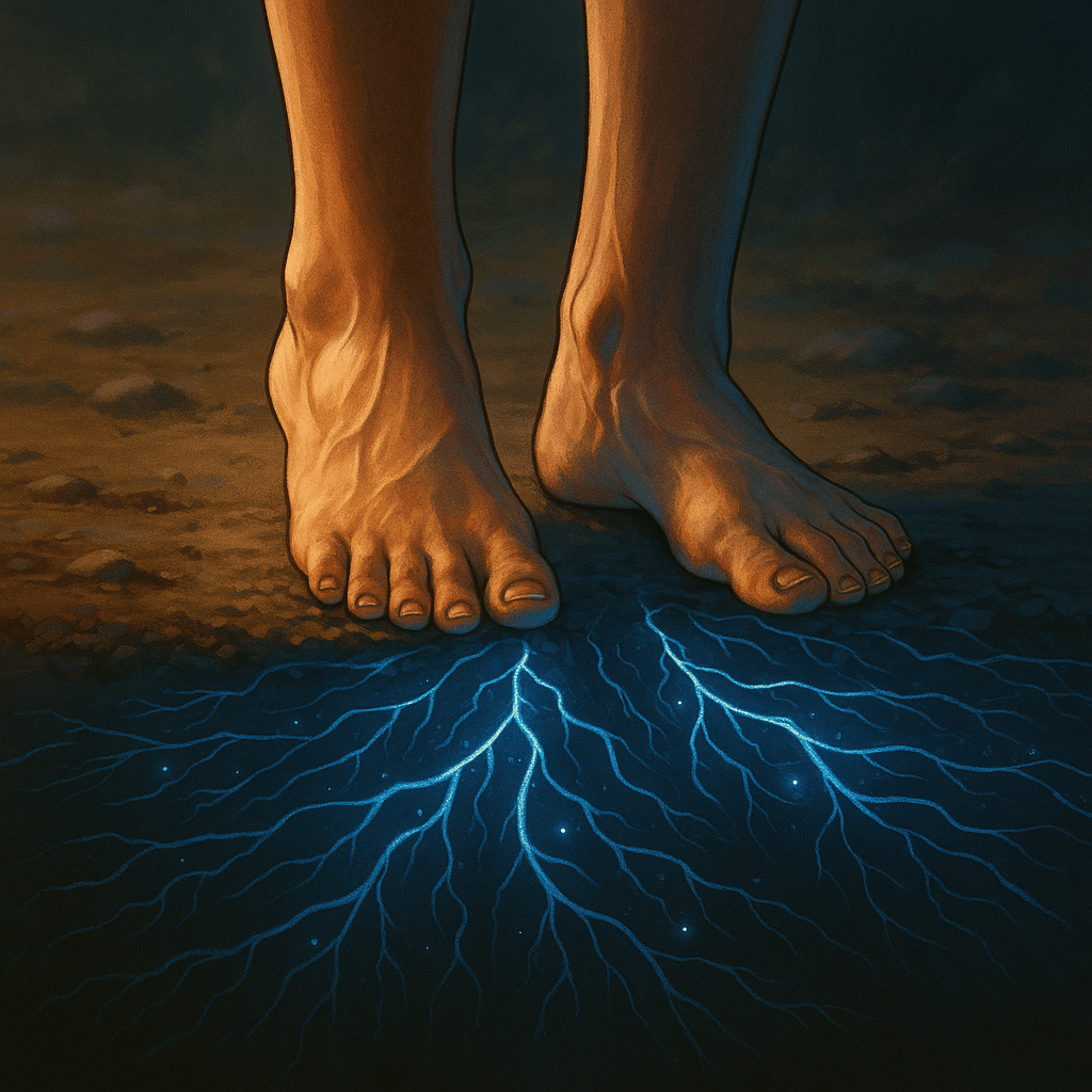 Ilustración artística de pies descalzos conectados con la tierra a través de raíces luminosas, simbolizando la ciencia del suelo bajo tus pies y la energía del grounding.