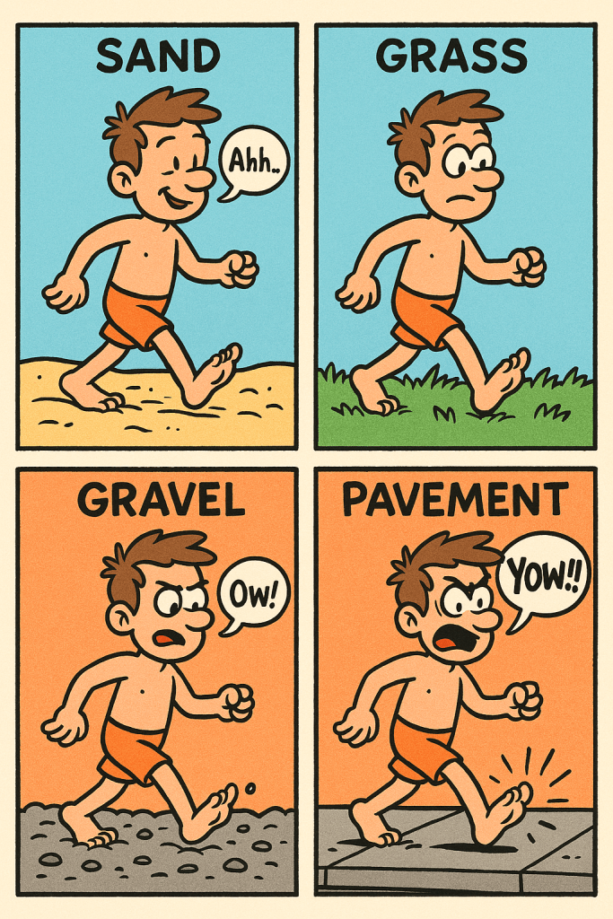 Ilustración cómica de un hombre caminando descalzo sobre arena, césped, grava y pavimento, explorando la ciencia del suelo bajo tus pies de forma divertida.
