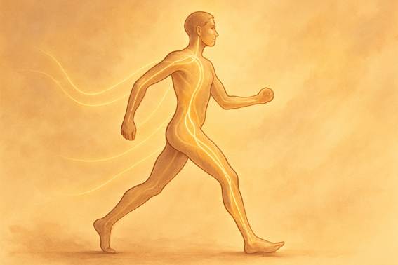 Ilustración horizontal de un cuerpo humano en movimiento, con líneas luminosas que fluyen desde los pies hacia la pelvis y la columna. Representa el equilibrio energético y biomecánico del cuerpo al caminar barefoot.