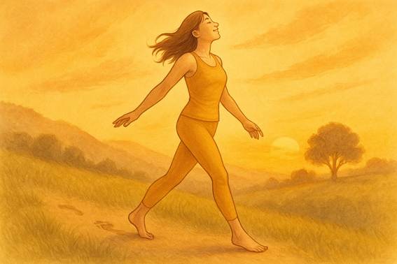 Ilustración horizontal de una persona caminando descalza por un sendero natural al atardecer. La luz dorada ilumina la espalda y las huellas en el suelo, simbolizando libertad, alivio lumbar y conexión con la tierra.