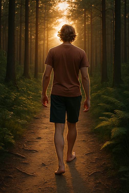 Persona caminando descalza por un bosque al atardecer, simbolizando el equilibrio entre movimiento, respiración y conexión con la naturaleza.