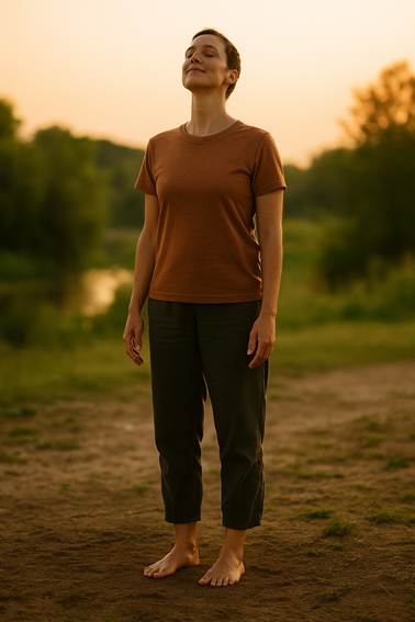 Fotografía horizontal de una persona de pie, descalza sobre tierra húmeda, respirando profundamente al atardecer. La luz cálida resalta la postura relajada y la sensación de bienestar corporal y mental.