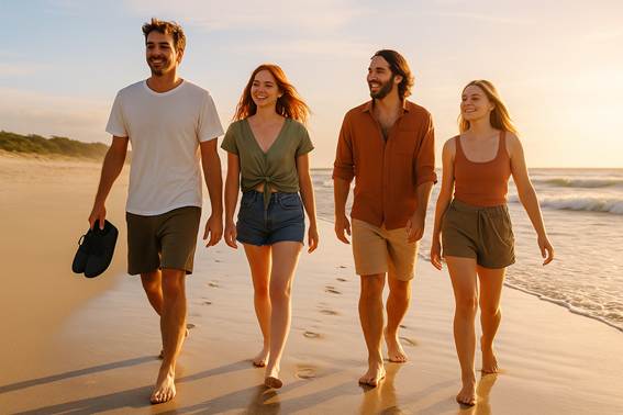 Fotografía horizontal de una persona caminando descalza al atardecer sobre un sendero de tierra con luz dorada. En el suelo se ven huellas suaves que simbolizan conexión, calma y equilibrio natural.